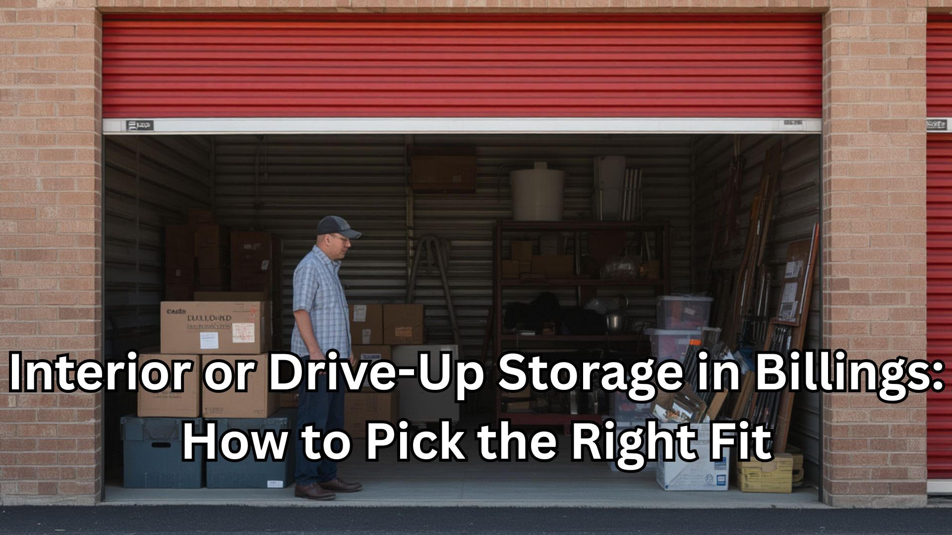 Storage units on King Ave W in Billings with a renter comparing interior and drive-up access